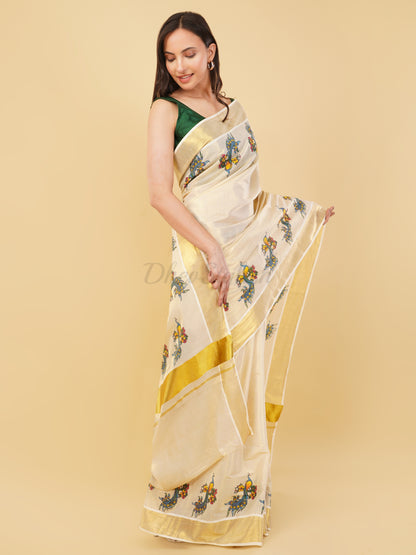 DhevStylish Kerala Kasavu Golden Tissue with Fancy Peacock Design Print Saree with Running Blouse | Tissue Saree For Women | Blue, Green, Red