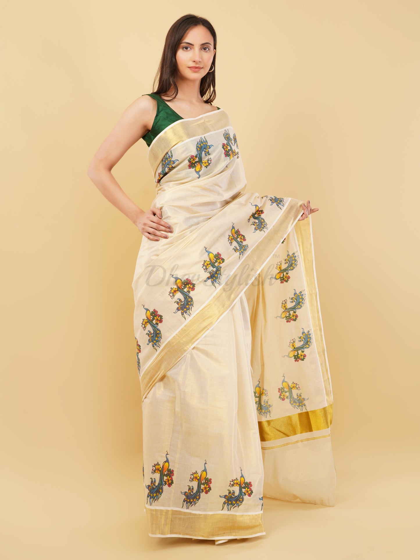 DhevStylish Kerala Kasavu Golden Tissue with Fancy Peacock Design Print Saree with Running Blouse | Tissue Saree For Women | Blue, Green, Red