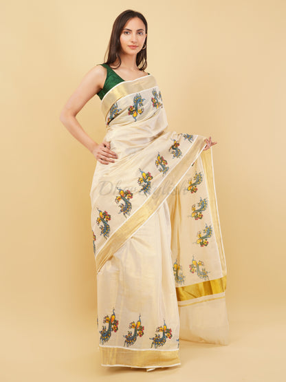 DhevStylish Kerala Kasavu Golden Tissue with Fancy Peacock Design Print Saree with Running Blouse | Tissue Saree For Women | Blue, Green, Red