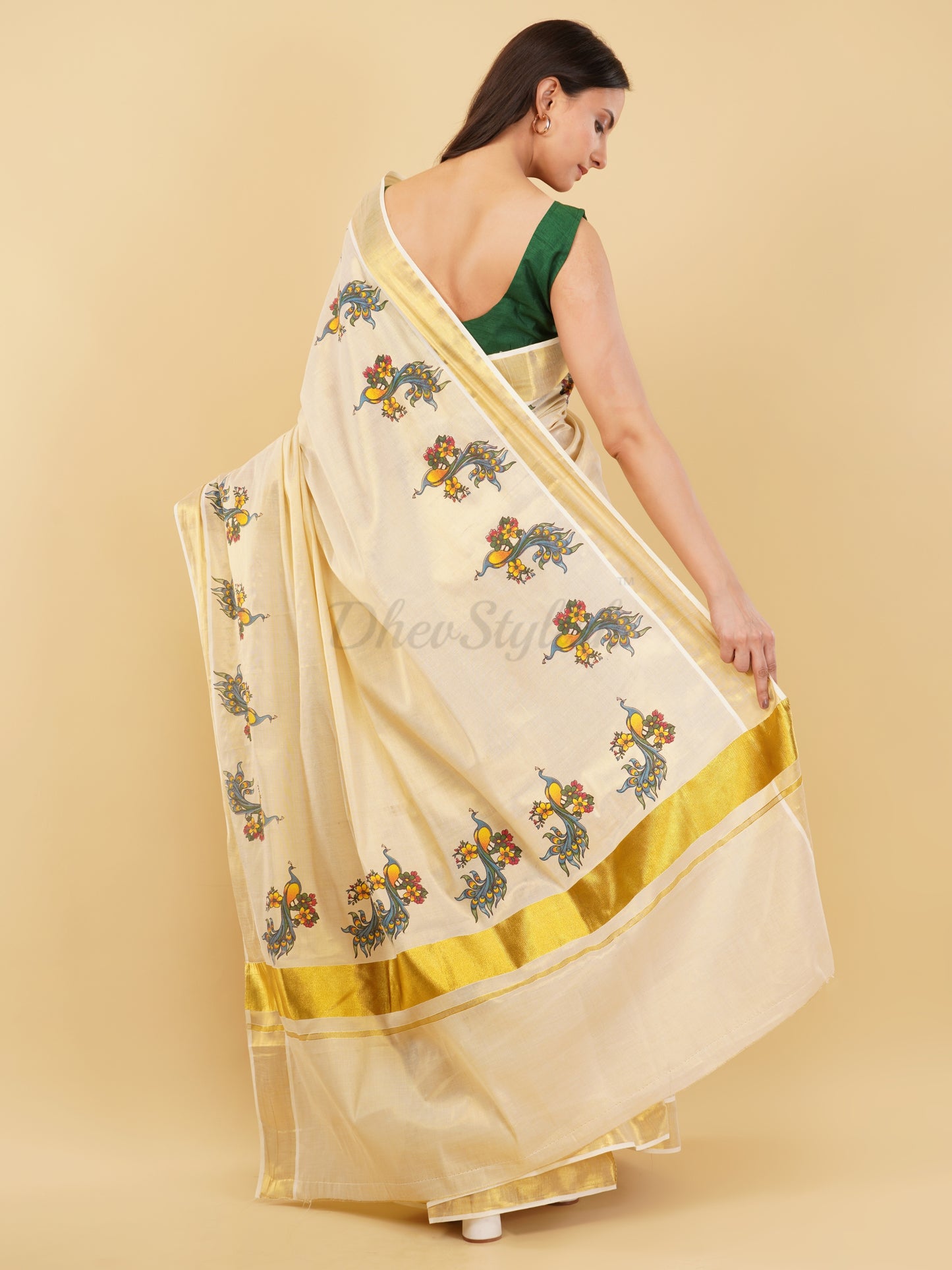 DhevStylish Kerala Kasavu Golden Tissue with Fancy Peacock Design Print Saree with Running Blouse | Tissue Saree For Women | Blue, Green, Red