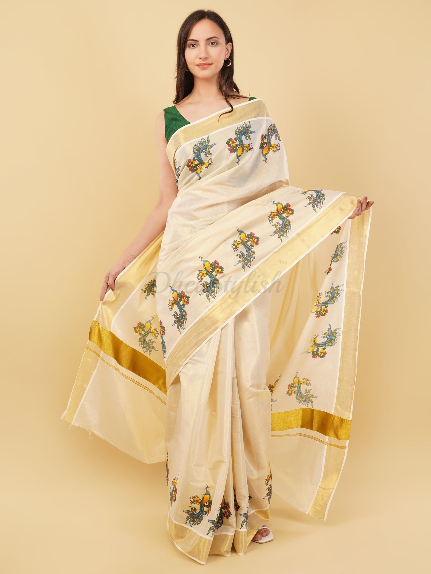 DhevStylish Kerala Kasavu Golden Tissue with Fancy Peacock Design Print Saree with Running Blouse | Tissue Saree For Women | Blue, Green, Red