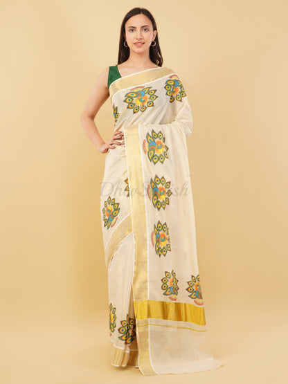 DhevStylish Kerala Kasavu Golden Tissue with Fancy Peacock Design Print Saree with Running Blouse | Tissue Saree For Women | Blue, Green, Red