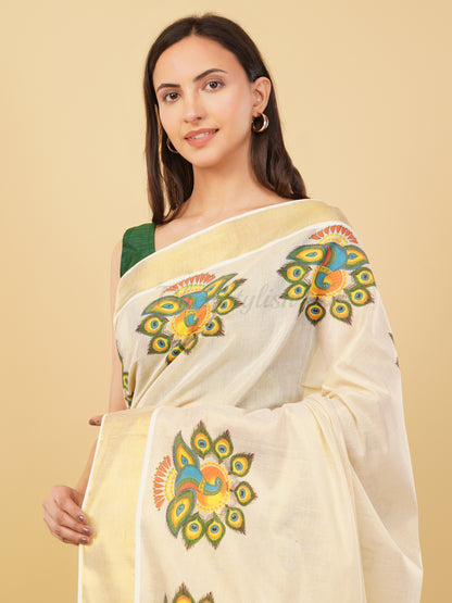 DhevStylish Kerala Kasavu Golden Tissue with Fancy Peacock Design Print Saree with Running Blouse | Tissue Saree For Women | Blue, Green, Red