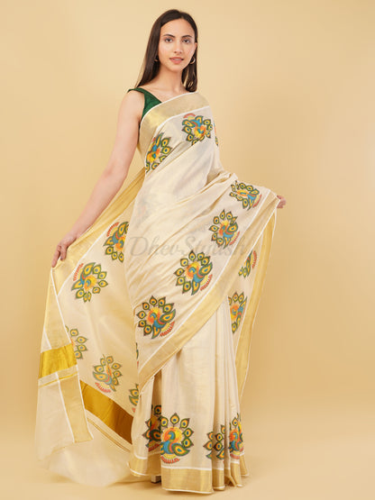 DhevStylish Kerala Kasavu Golden Tissue with Fancy Peacock Design Print Saree with Running Blouse | Tissue Saree For Women | Blue, Green, Red