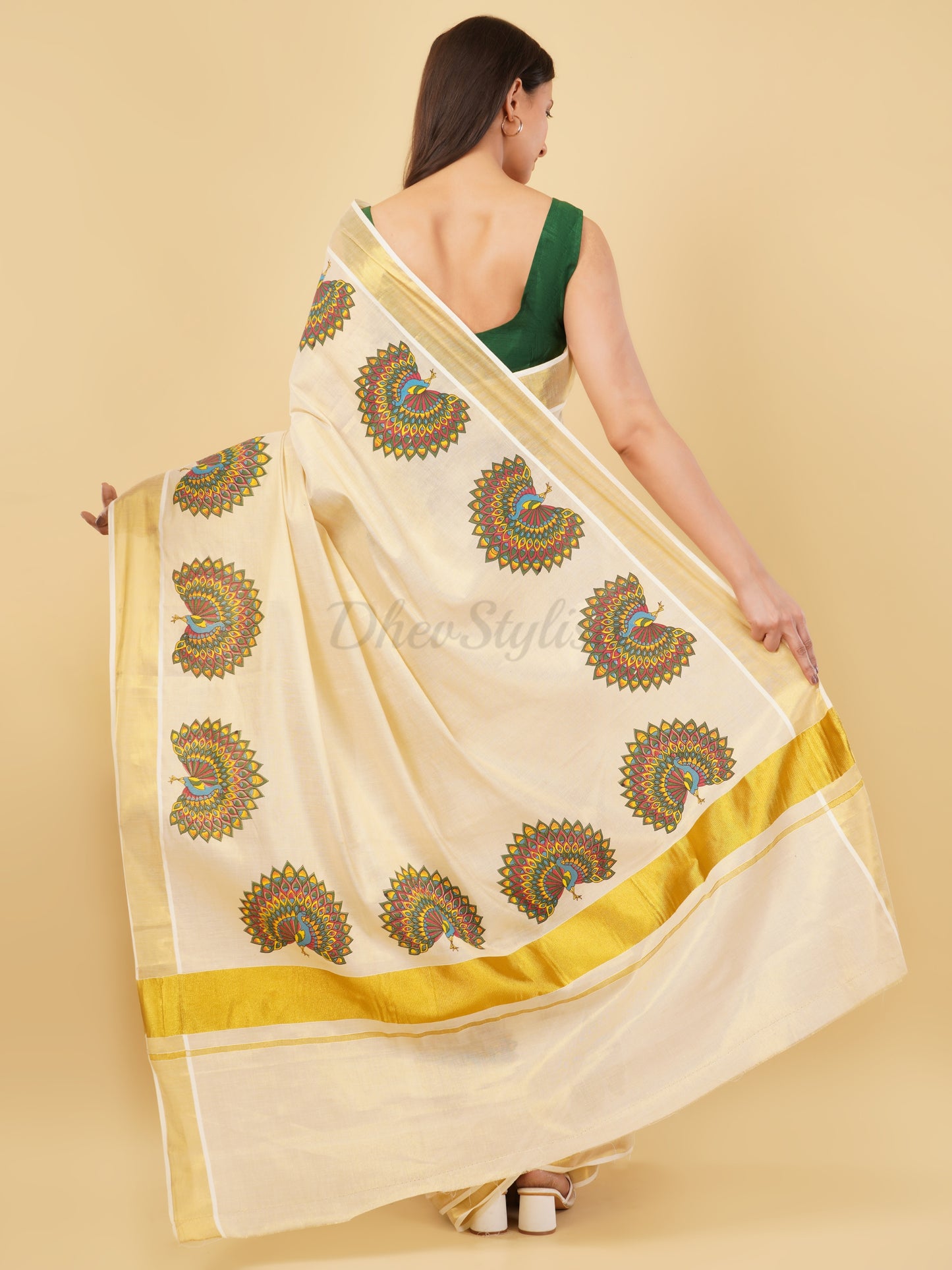 DhevStylish Kerala Kasavu Golden Tissue with Fancy Peacock Design Print Saree with Running Blouse | Tissue Saree For Women | Blue, Green, Red