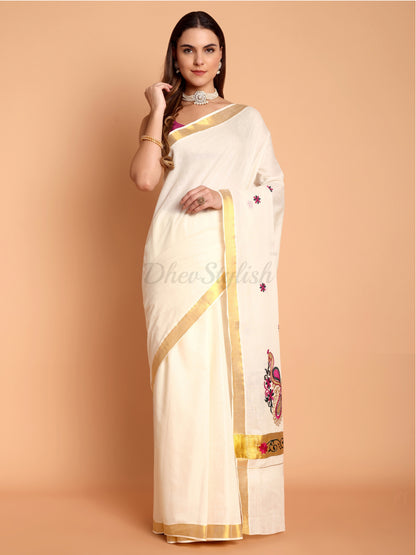 DhevStylish Womens Kasavu Fancy Peacock Embroidery Design Saree with Running Blouse | Saree length: 6.25 Meter (Pink, Bottle Green, Gold, White)