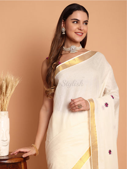 DhevStylish Womens Kasavu Fancy Peacock Embroidery Design Saree with Running Blouse | Saree length: 6.25 Meter (Pink, Bottle Green, Gold, White)