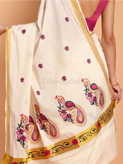 DhevStylish Womens Kasavu Fancy Peacock Embroidery Design Saree with Running Blouse | Saree length: 6.25 Meter (Pink, Bottle Green, Gold, White)