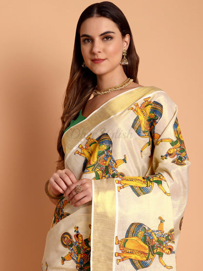 DhevStylish Kerala Kasavu Golden Tissue with Kathakali Print Saree with Running Blouse | Green, Golden Yellow