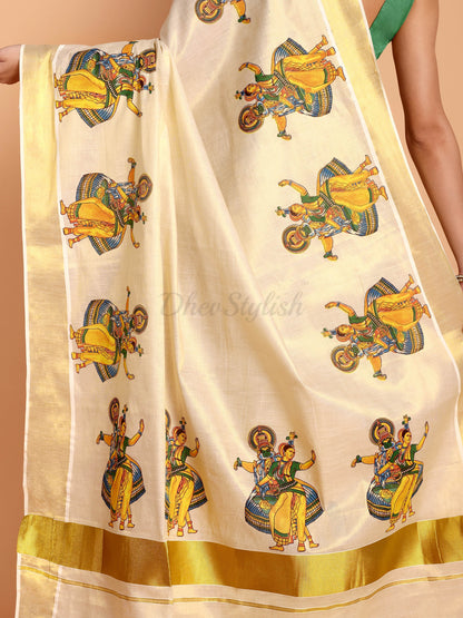DhevStylish Kerala Kasavu Golden Tissue with Kathakali Print Saree with Running Blouse | Green, Golden Yellow