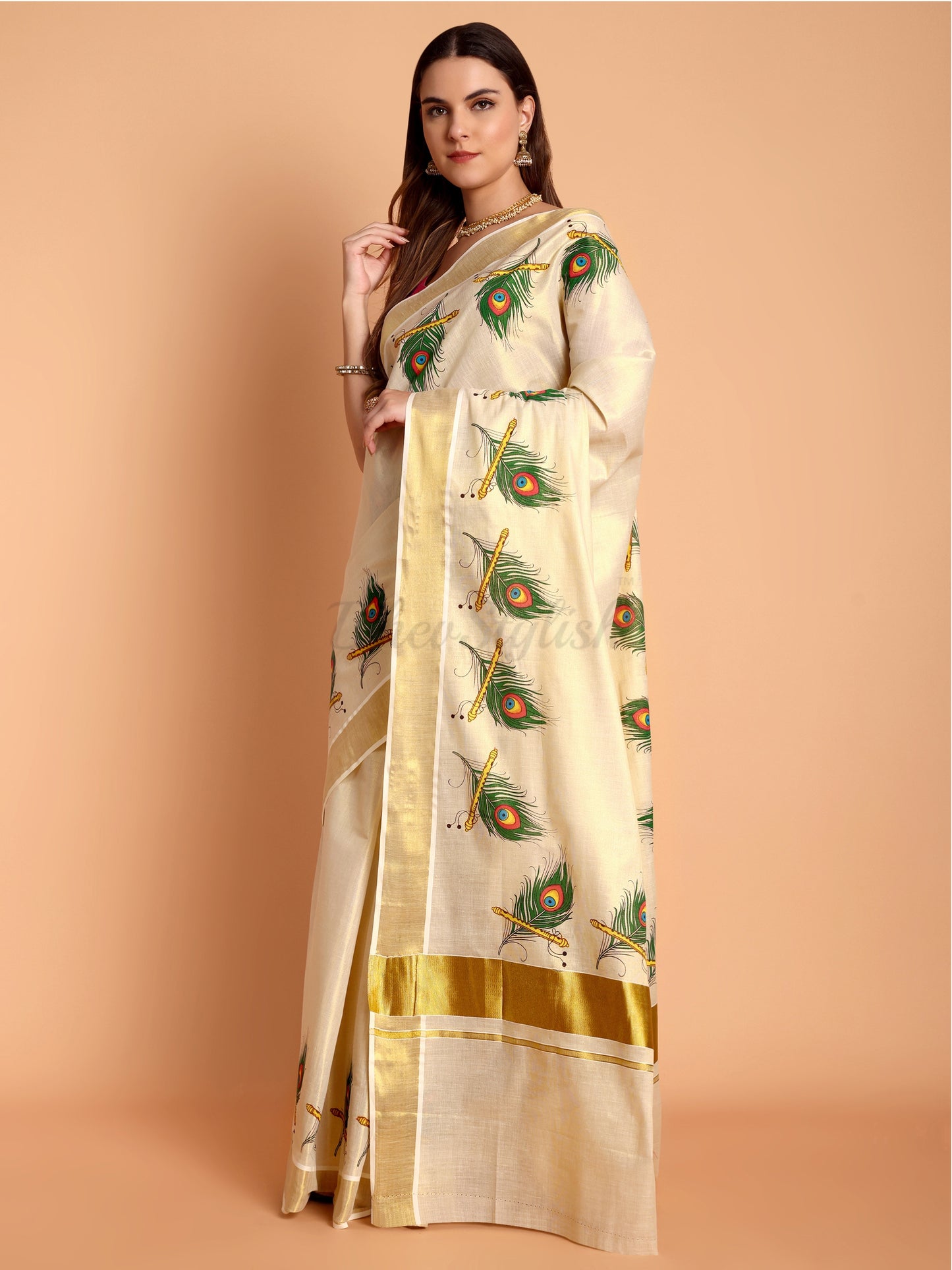 DhevStylish Kerala Kasavu Golden Tissue with Peacock Feather Print Saree with Running Blouse | Green, Red