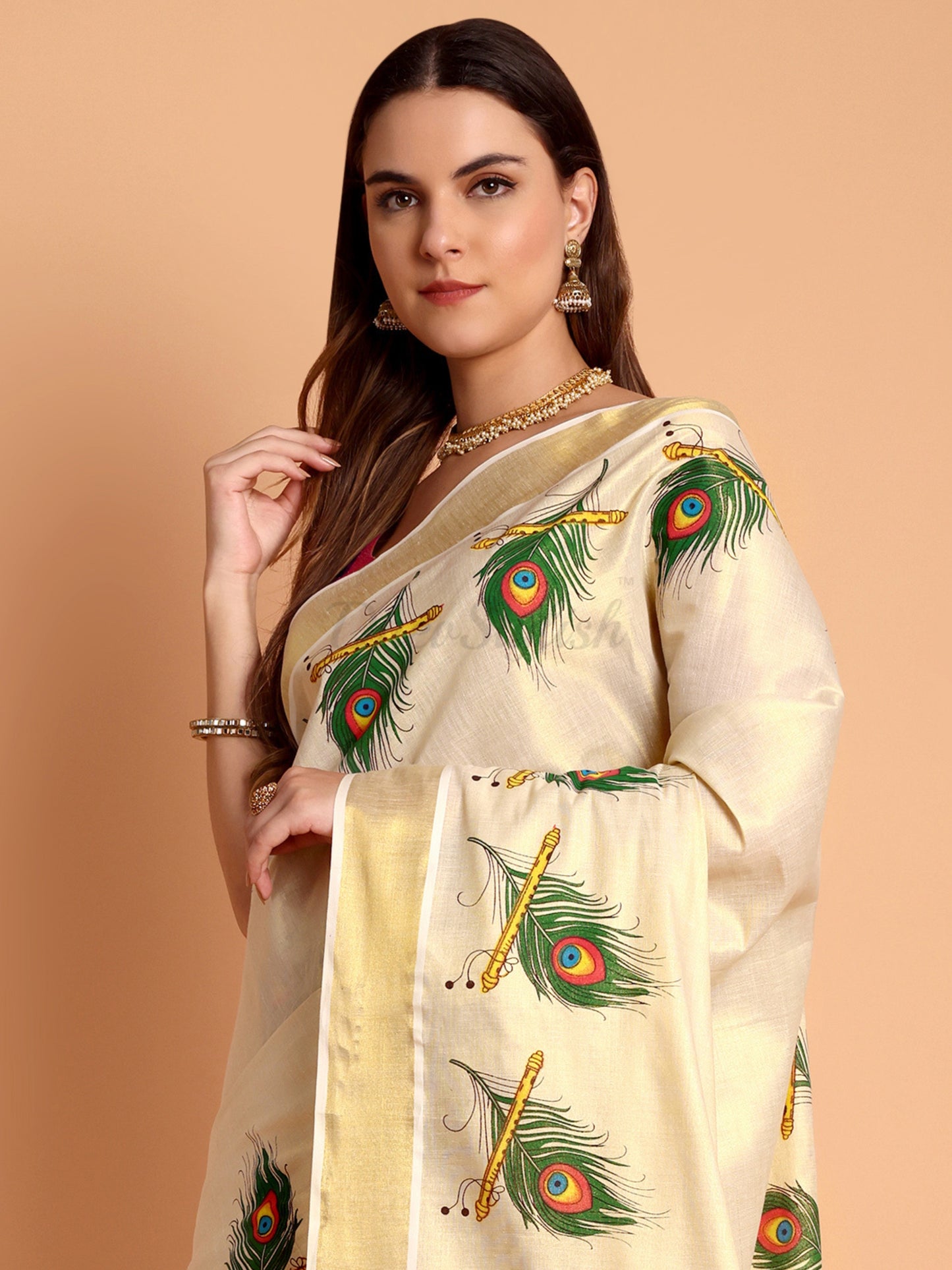 DhevStylish Kerala Kasavu Golden Tissue with Peacock Feather Print Saree with Running Blouse | Green, Red