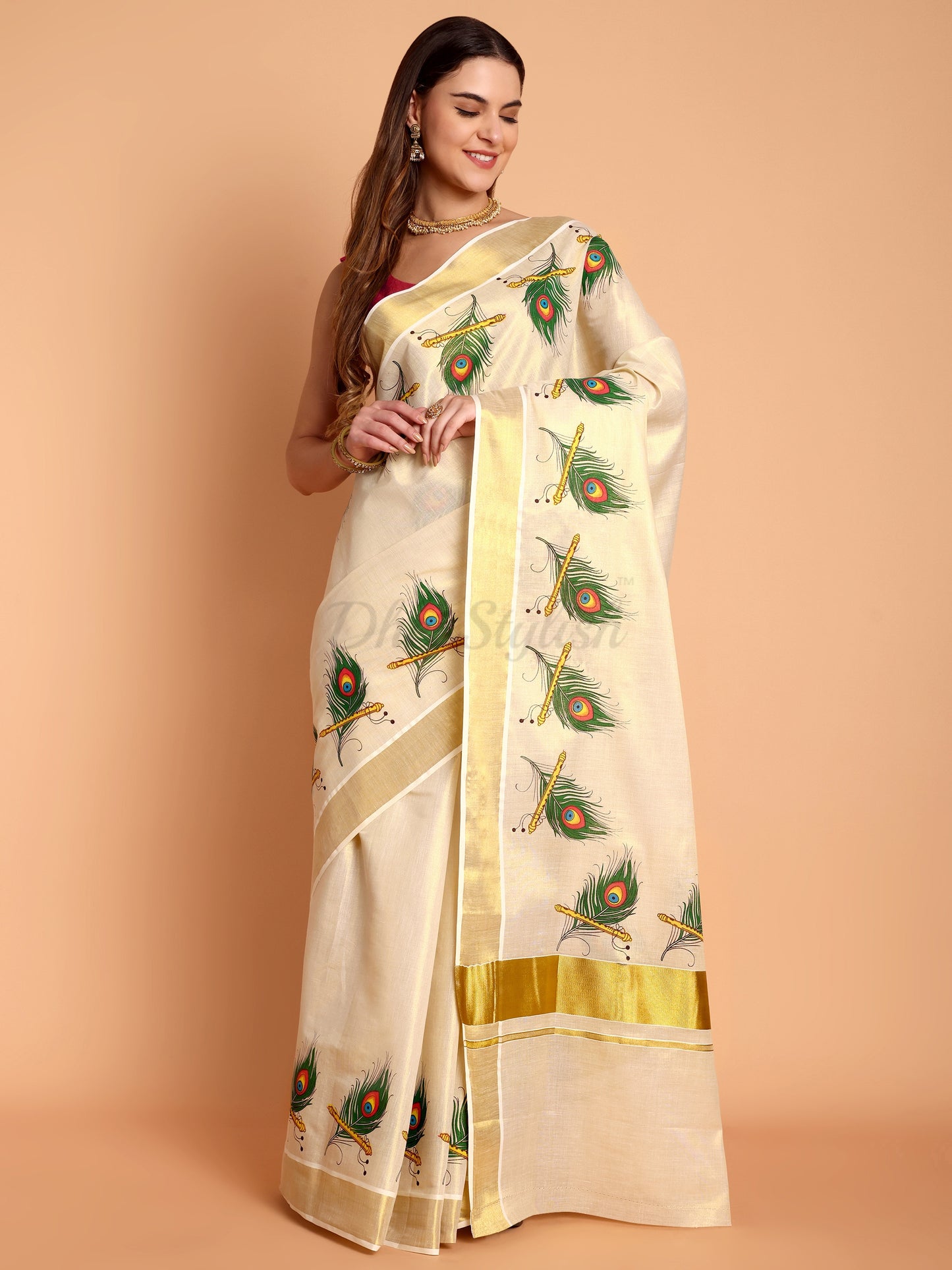 DhevStylish Kerala Kasavu Golden Tissue with Peacock Feather Print Saree with Running Blouse | Green, Red