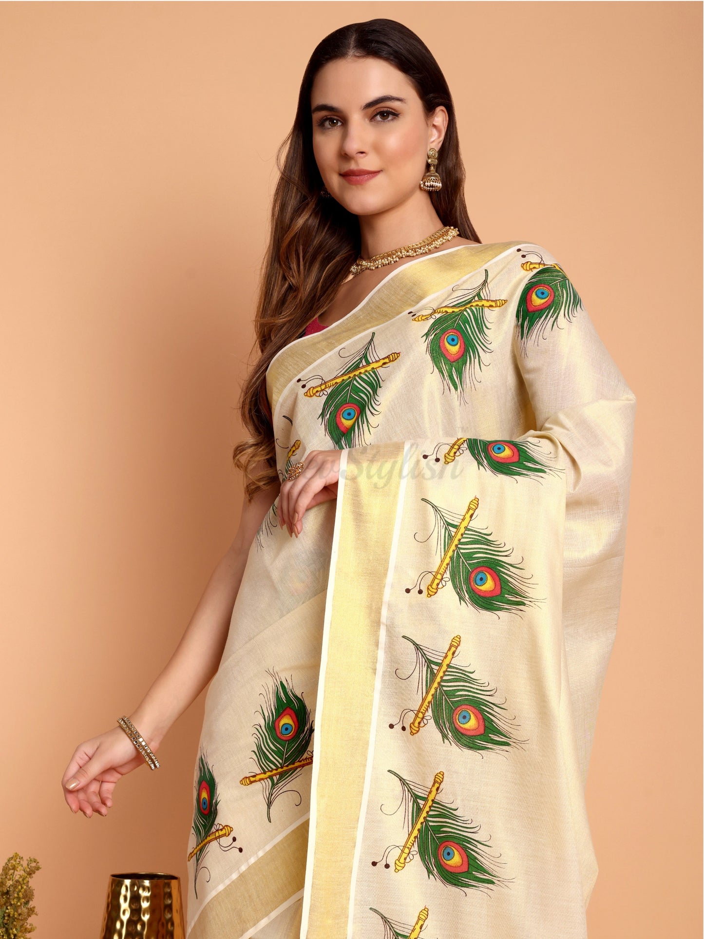 DhevStylish Kerala Kasavu Golden Tissue with Peacock Feather Print Saree with Running Blouse | Green, Red