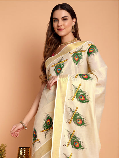 DhevStylish Kerala Kasavu Golden Tissue with Peacock Feather Print Saree with Running Blouse | Green, Red