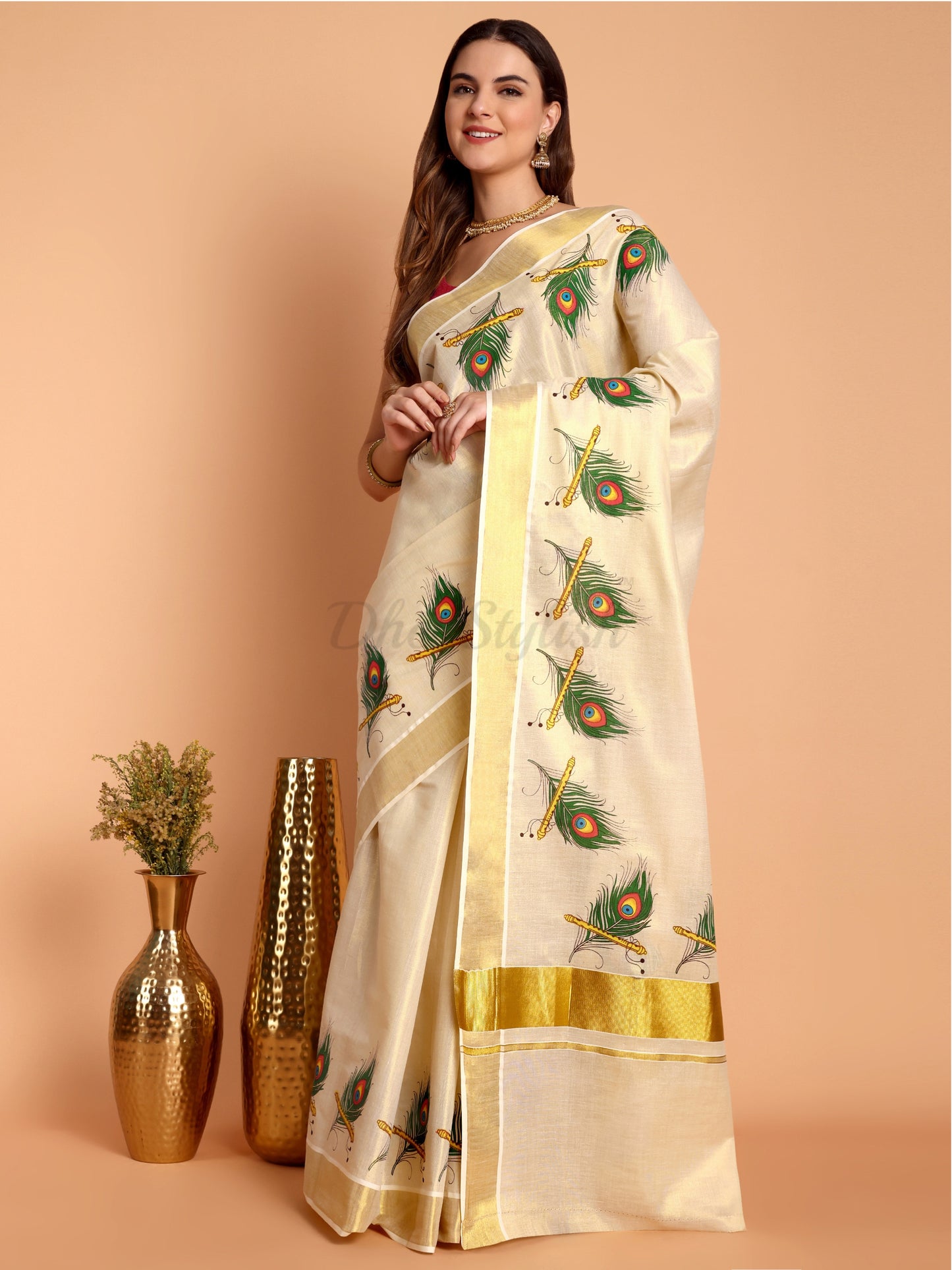 DhevStylish Kerala Kasavu Golden Tissue with Peacock Feather Print Saree with Running Blouse | Green, Red