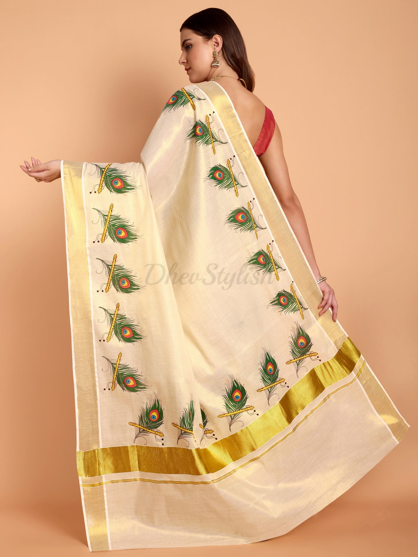 DhevStylish Kerala Kasavu Golden Tissue with Peacock Feather Print Saree with Running Blouse | Green, Red