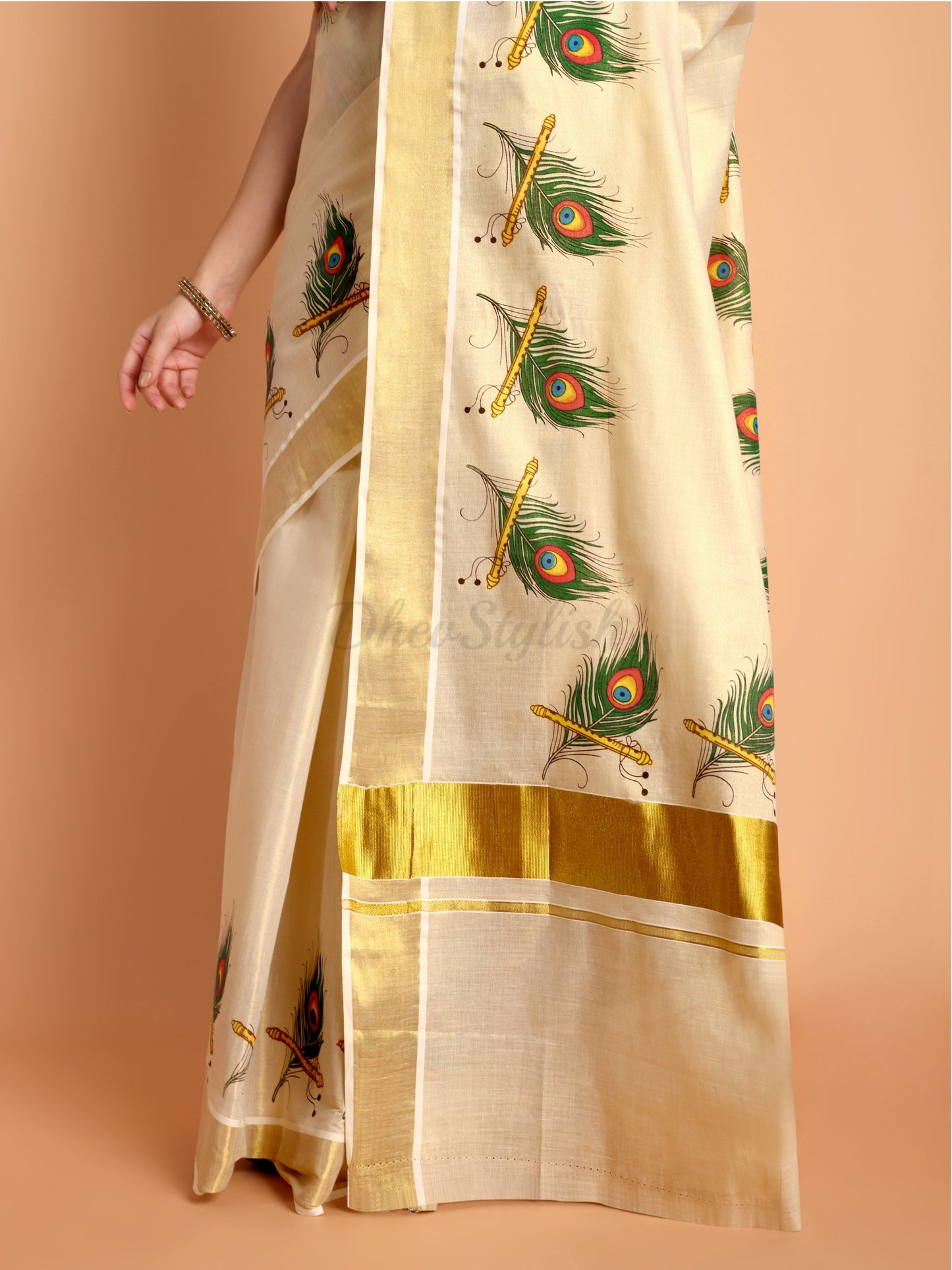 DhevStylish Kerala Kasavu Golden Tissue with Peacock Feather Print Saree with Running Blouse | Green, Red
