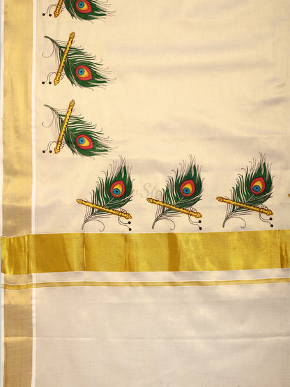 DhevStylish Kerala Kasavu Golden Tissue with Peacock Feather Print Saree with Running Blouse | Green, Red